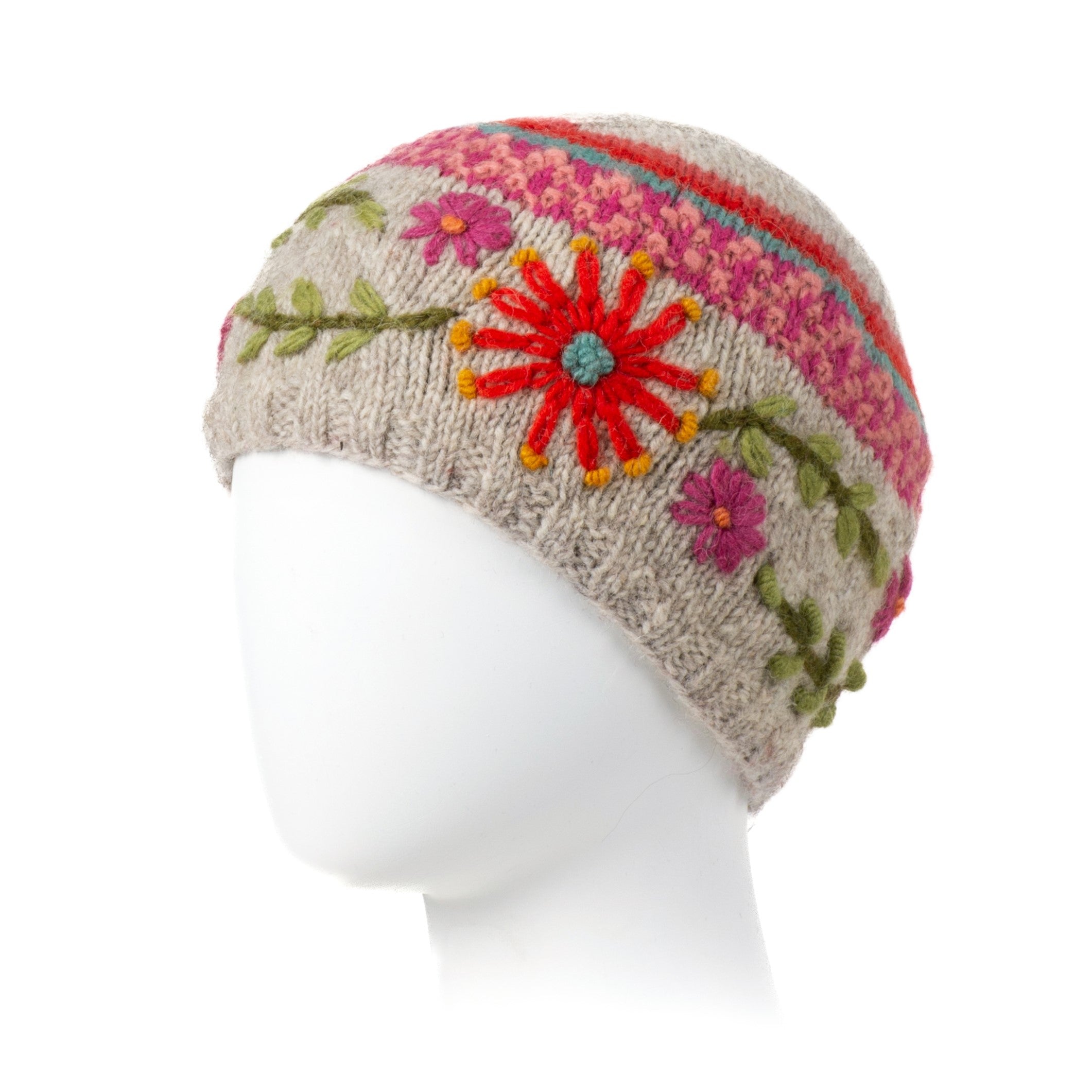 Abigail Beanie - Floral Embroidery 100% Wool, Fleece Lined – Lost