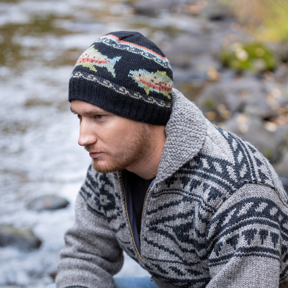 Handmade wool Trout beanie hat with knitted fish motif, crafted in Nepal by Lost Horizons artisans