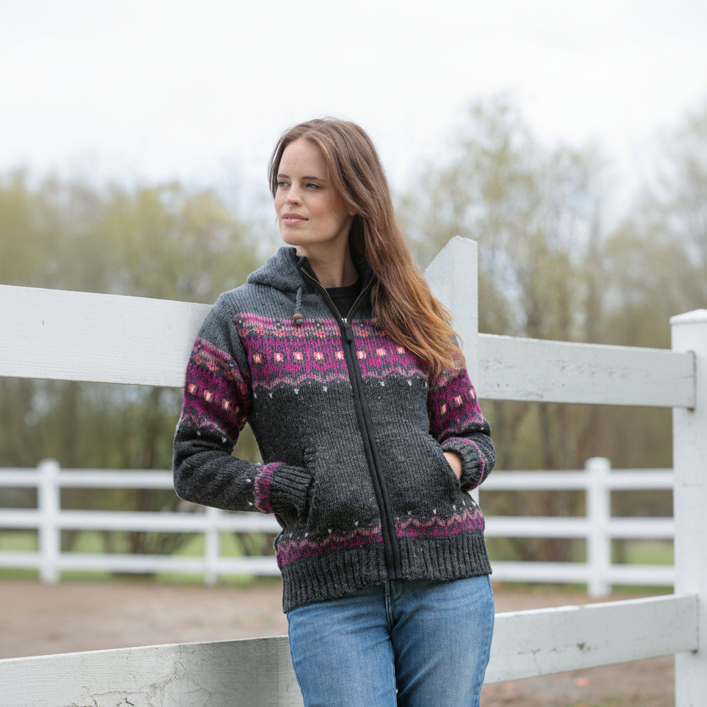A woman wearing a dark gray knit zip-up hoodie with a colorful Fair Isle pattern in pink, purple, and orange, paired with blue jeans, standing outdoors in front of a white fence.