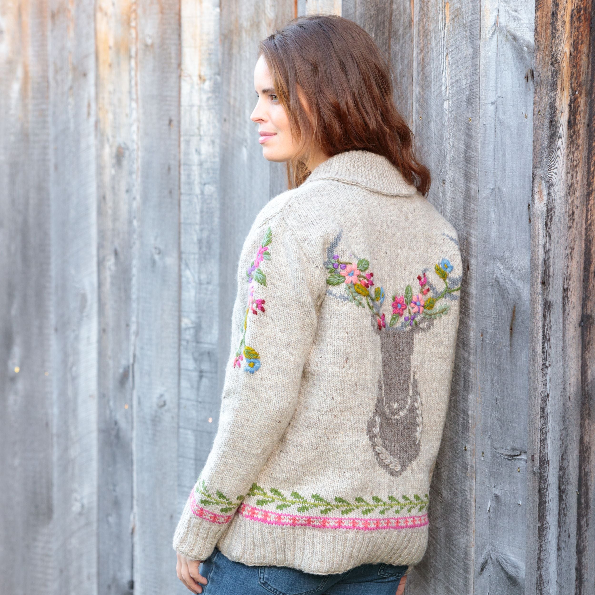 Hartley Sweater/Coat - Floral Deer Motif, Hand-Embroidered