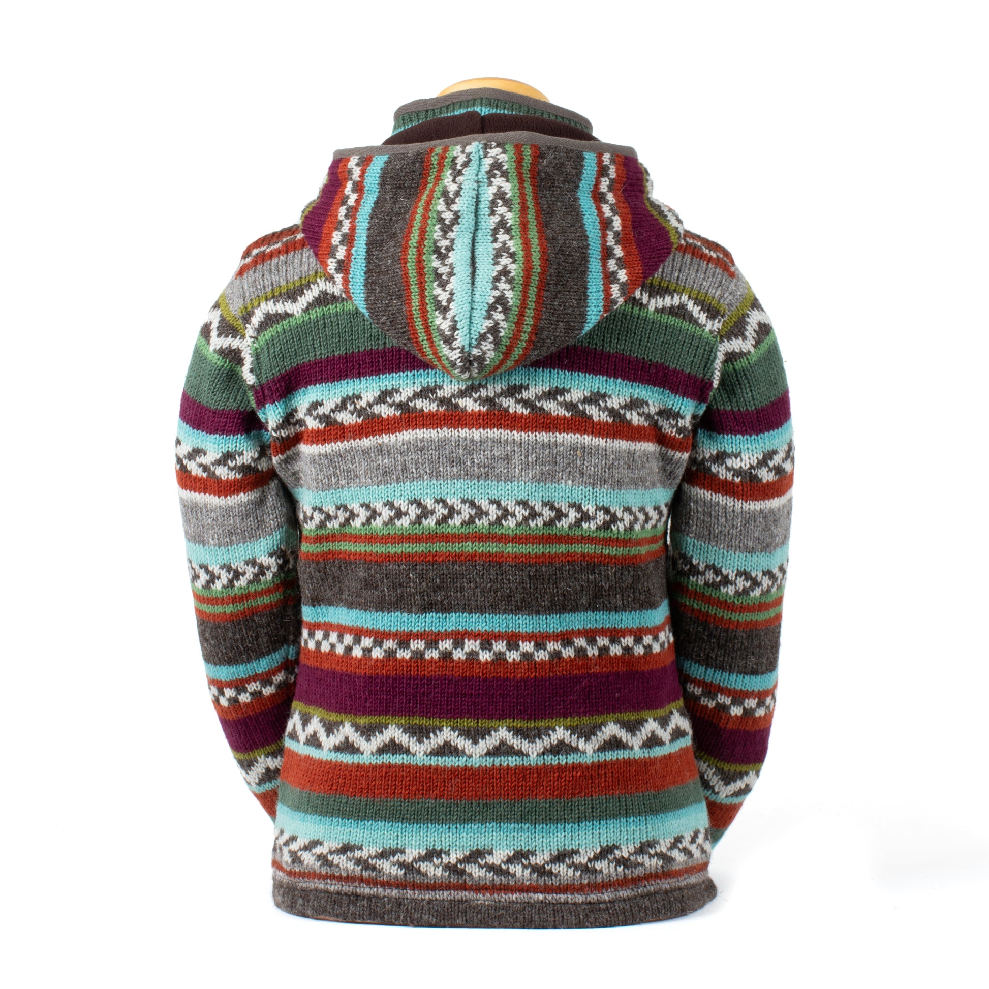 Hand-knit wool zip-up hoodie with colorful Nordic-inspired stripes, fleece lining, front pockets, and hood with toggle drawstrings. Rustic outdoor style.