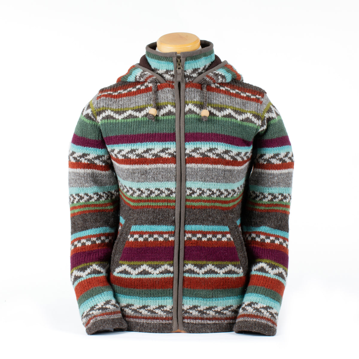 Pull Sweat Nepal 100% Laine Avec Capuche Zip - Taille L, Fait Main, Commerce équitable