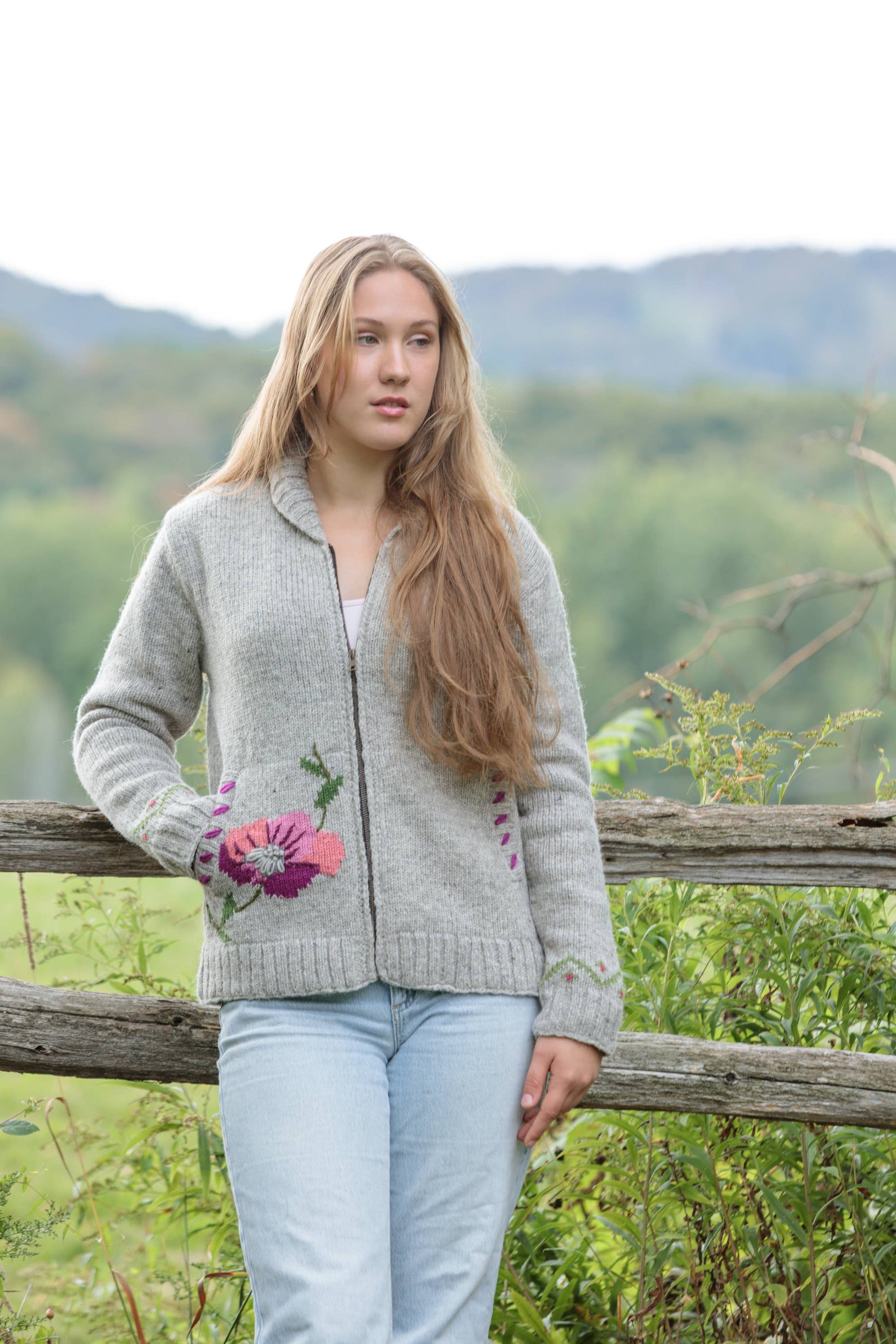Amber Floral Embroidered Wool Zip Sweater