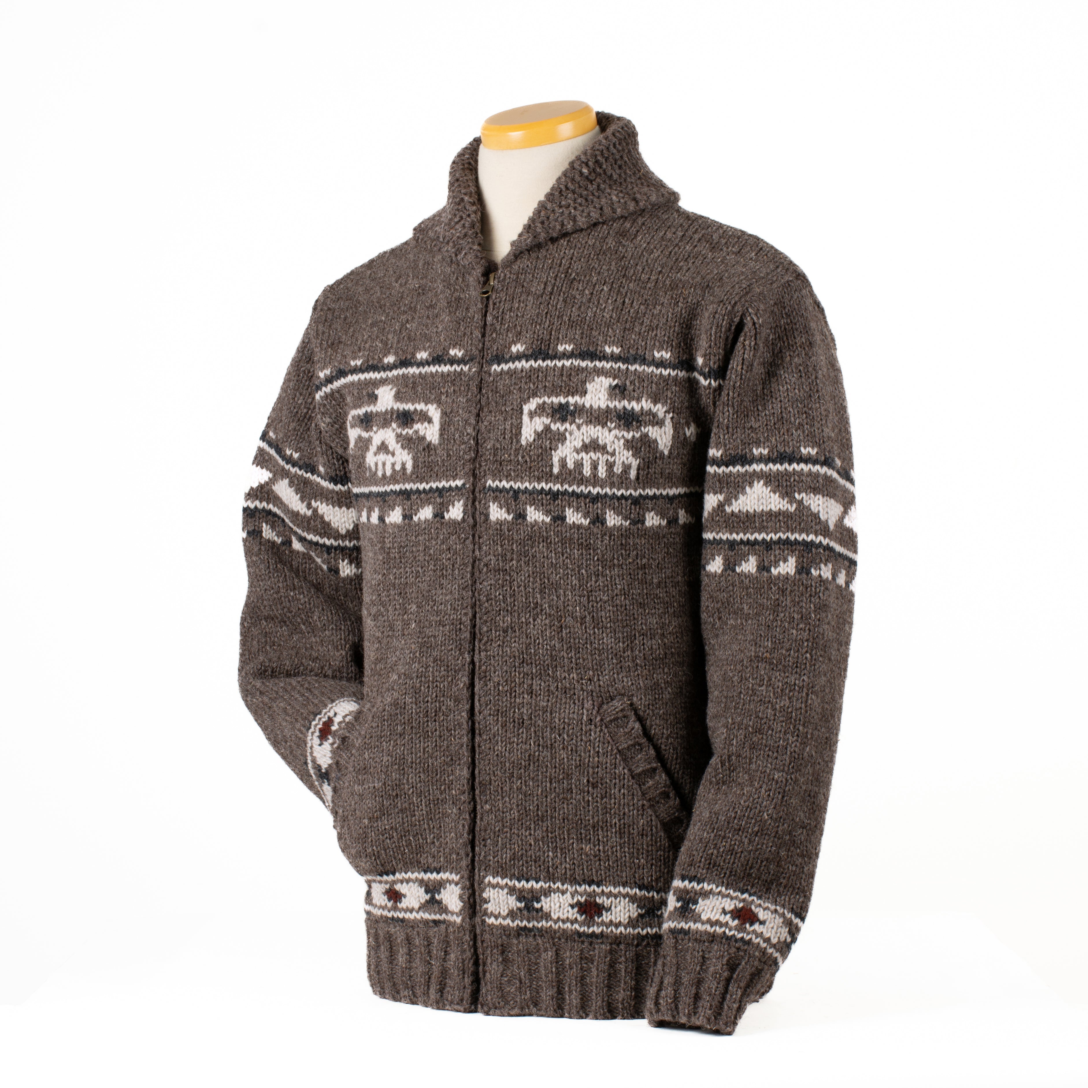 Eagle Men's Sweater/Coat - Cowichan inspired motifs, Shawl Collar