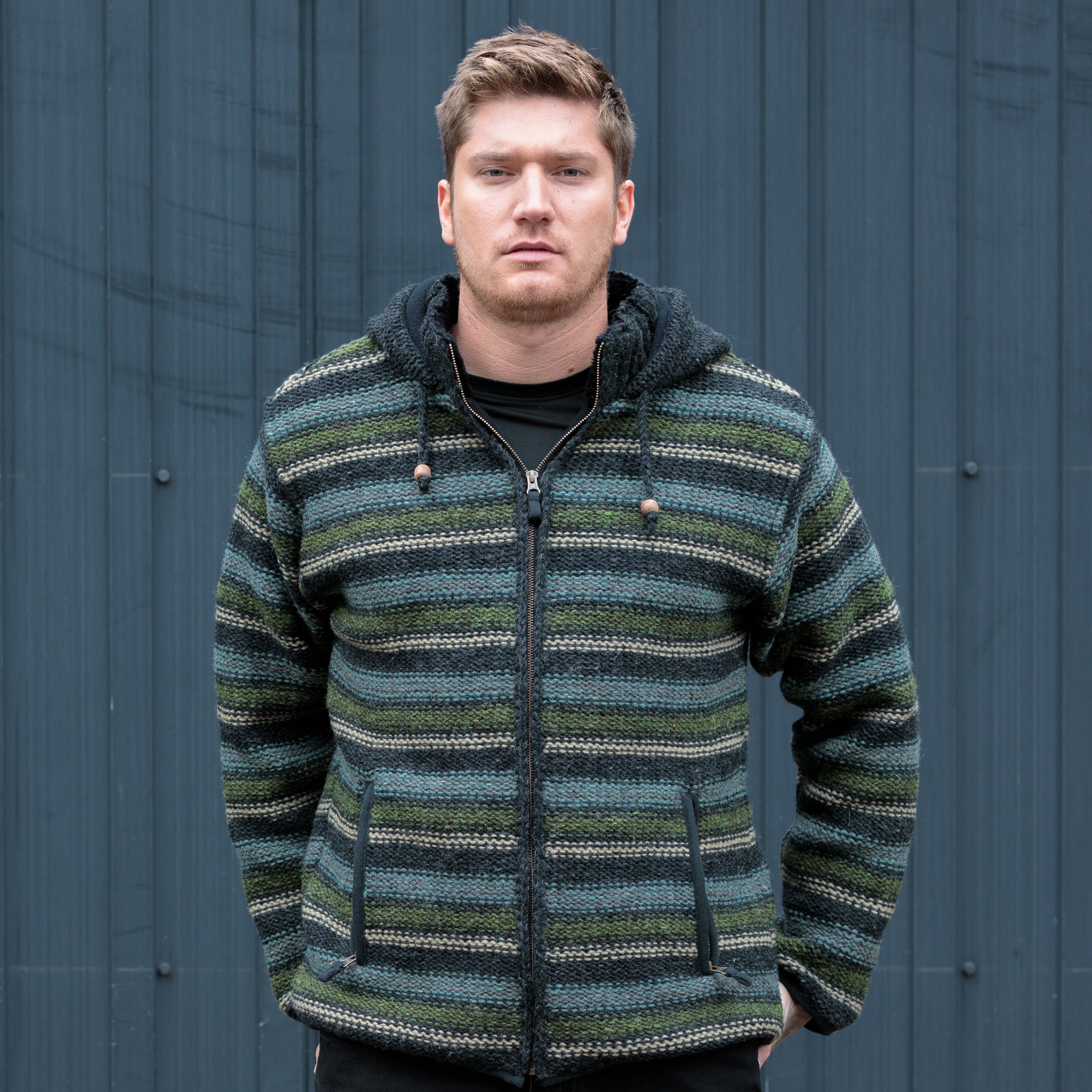 ウォーキング・ランニングウェア Charbon WOOL SPLASH DYE HOODIE Evan Sweater - warm striped wool knit hoodie – Lost Horizons USA