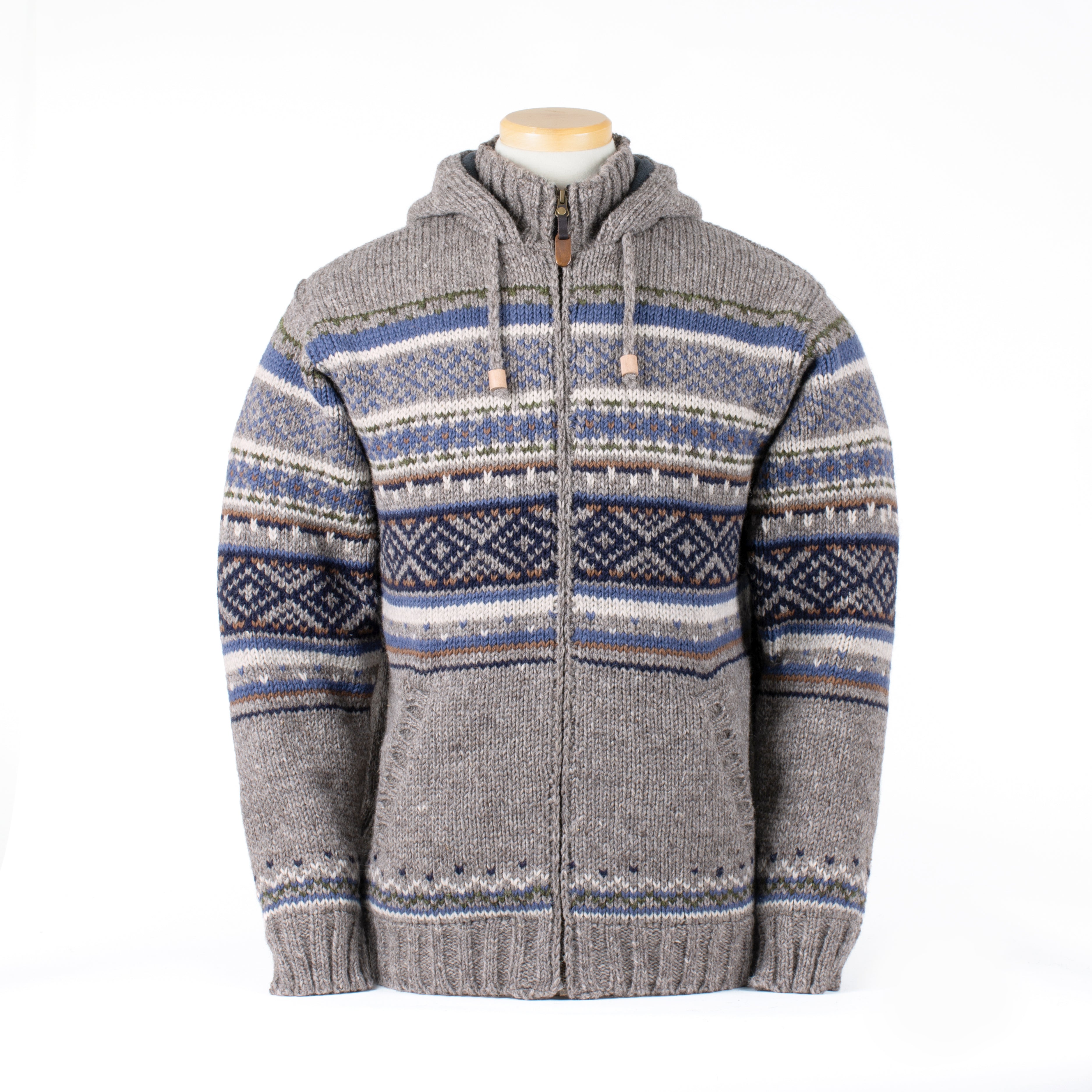 Gray knitted hoodie with blue and white pattern on a white background