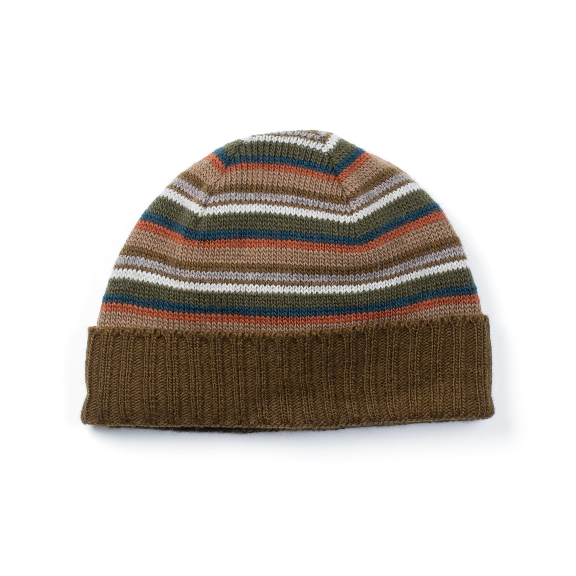 Striped knit beanie with brown and multicolor pattern on a white background
