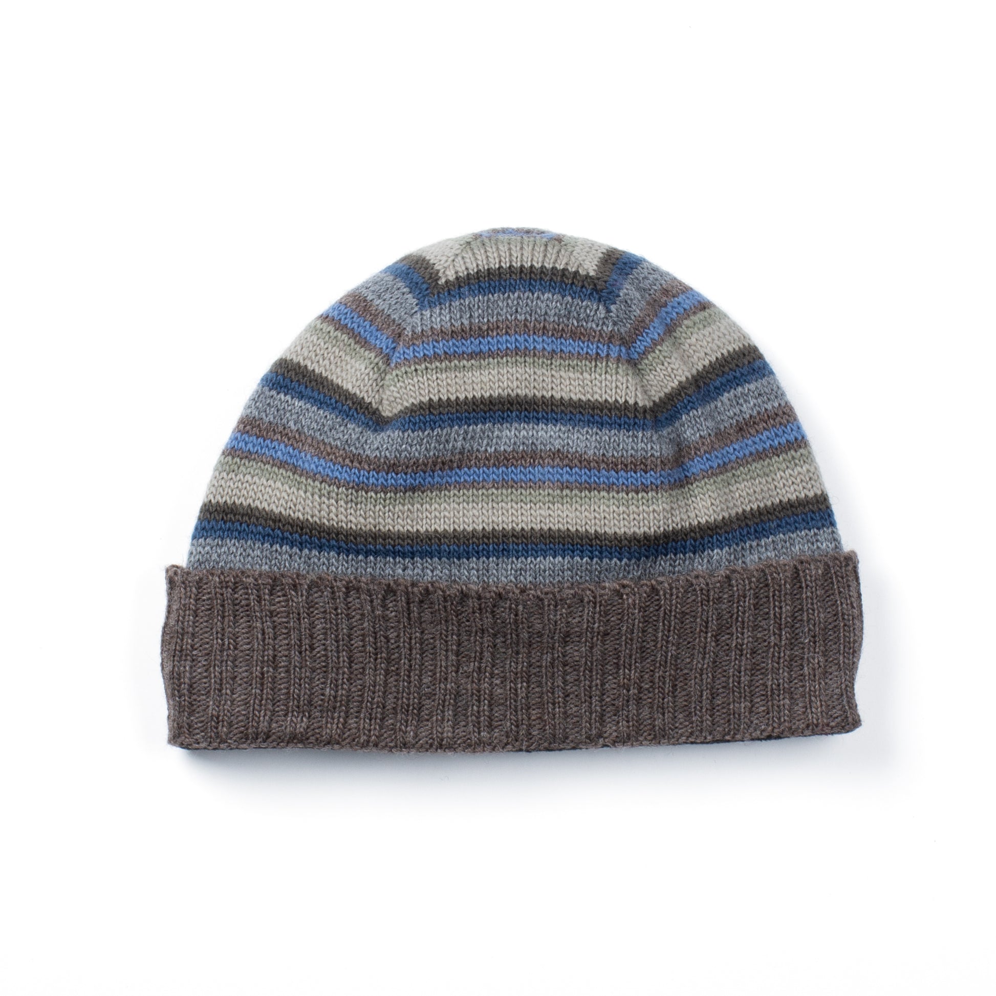 Striped knit beanie with brown, blue, and gray colors on a white background