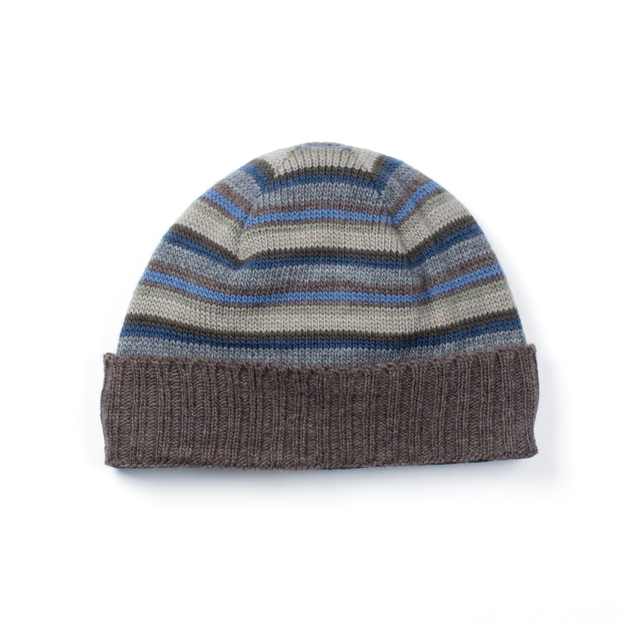 Striped knit beanie with brown, blue, and gray colors on a white background