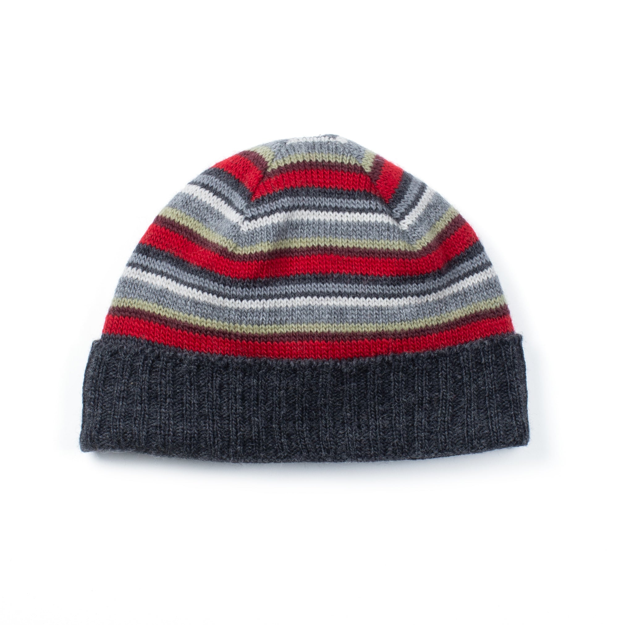 Striped beanie with red, gray, and black colors on a white background