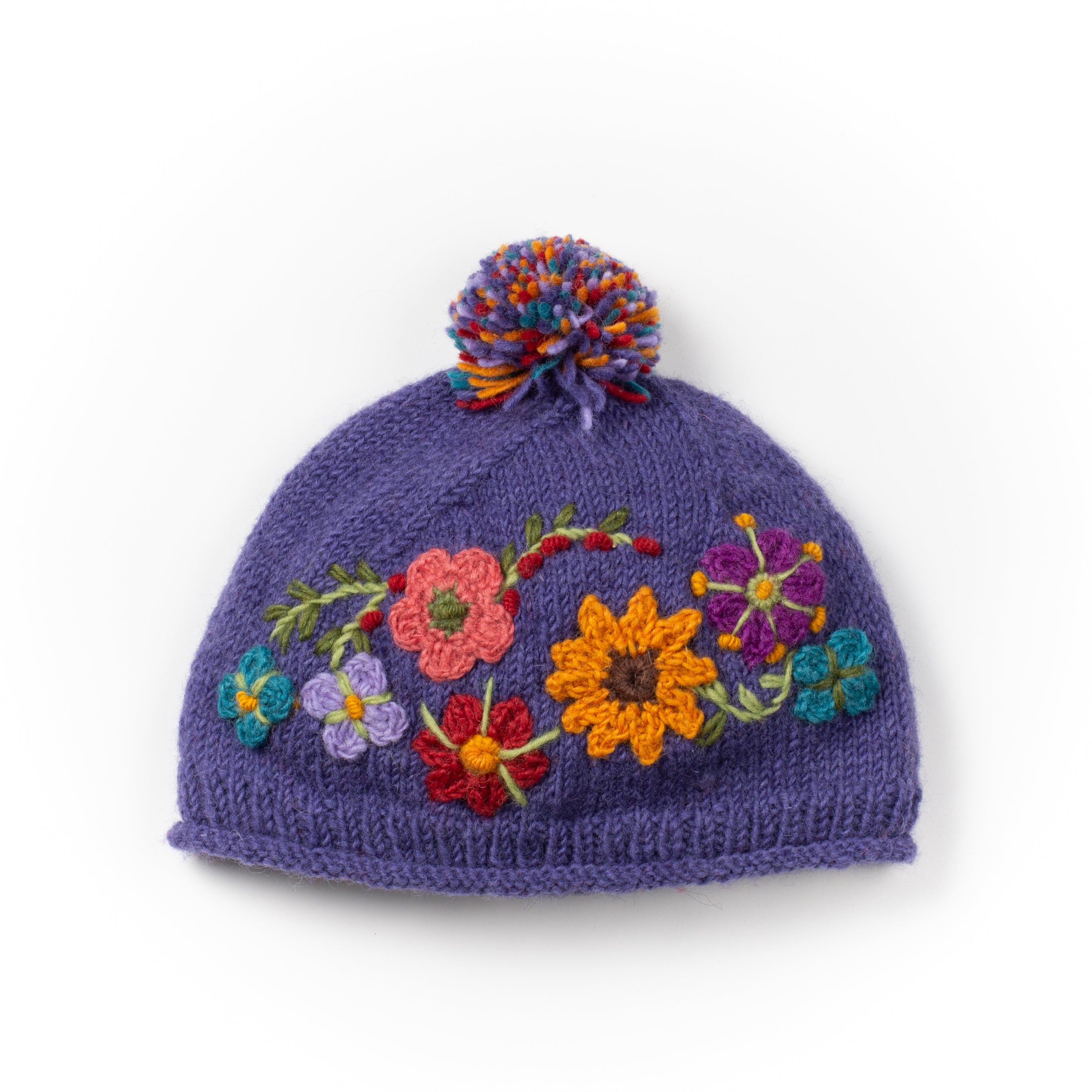 Petite Fleur Wool Beanie Hat with Hand-Crocheted Flowers – Fleece