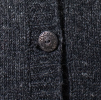 Close-up of a dark heathered knit cardigan or sweater with a single decorative button featuring a sunflower design.