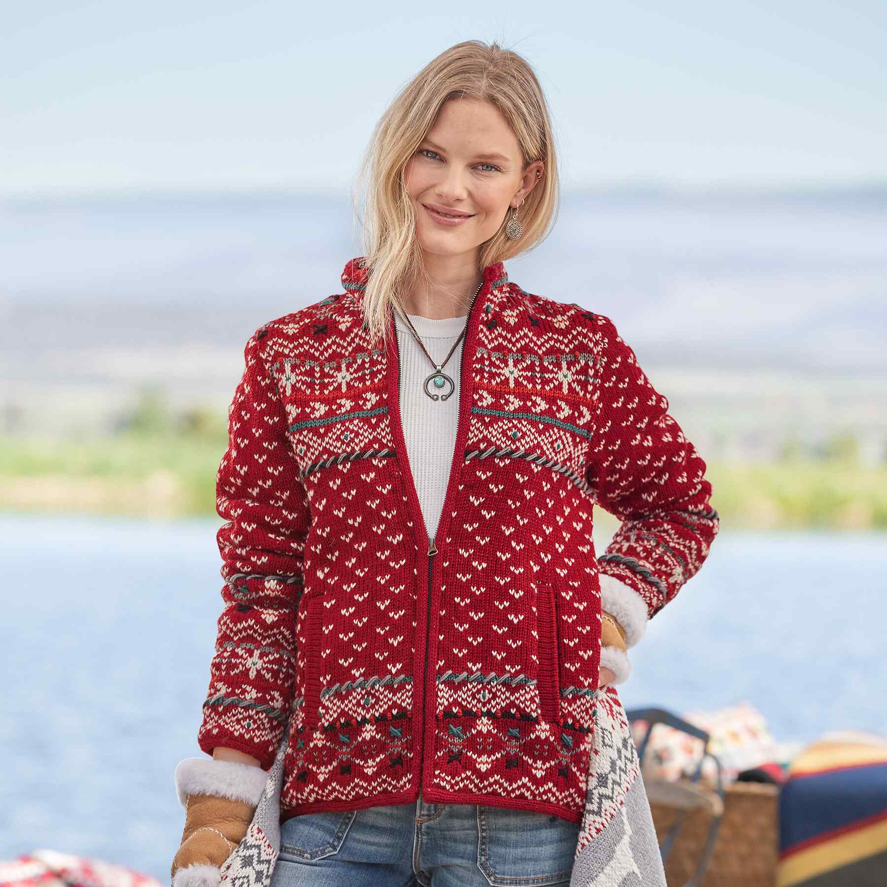 Lost Horizons women's red Fair Isle knit cardigan sweater with geometric pattern and zip front