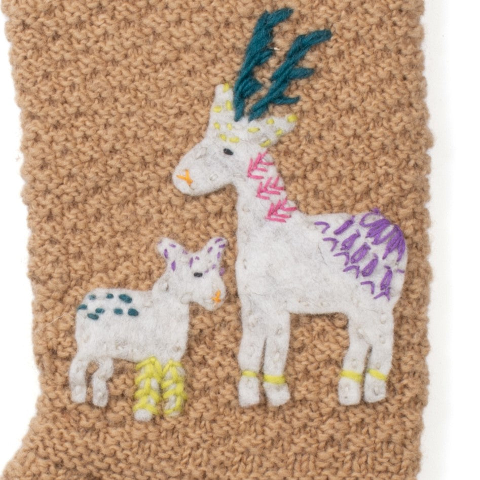 Hand-knit wool Christmas stocking with deer and fawn motif, Fair Trade and handmade in Nepal.