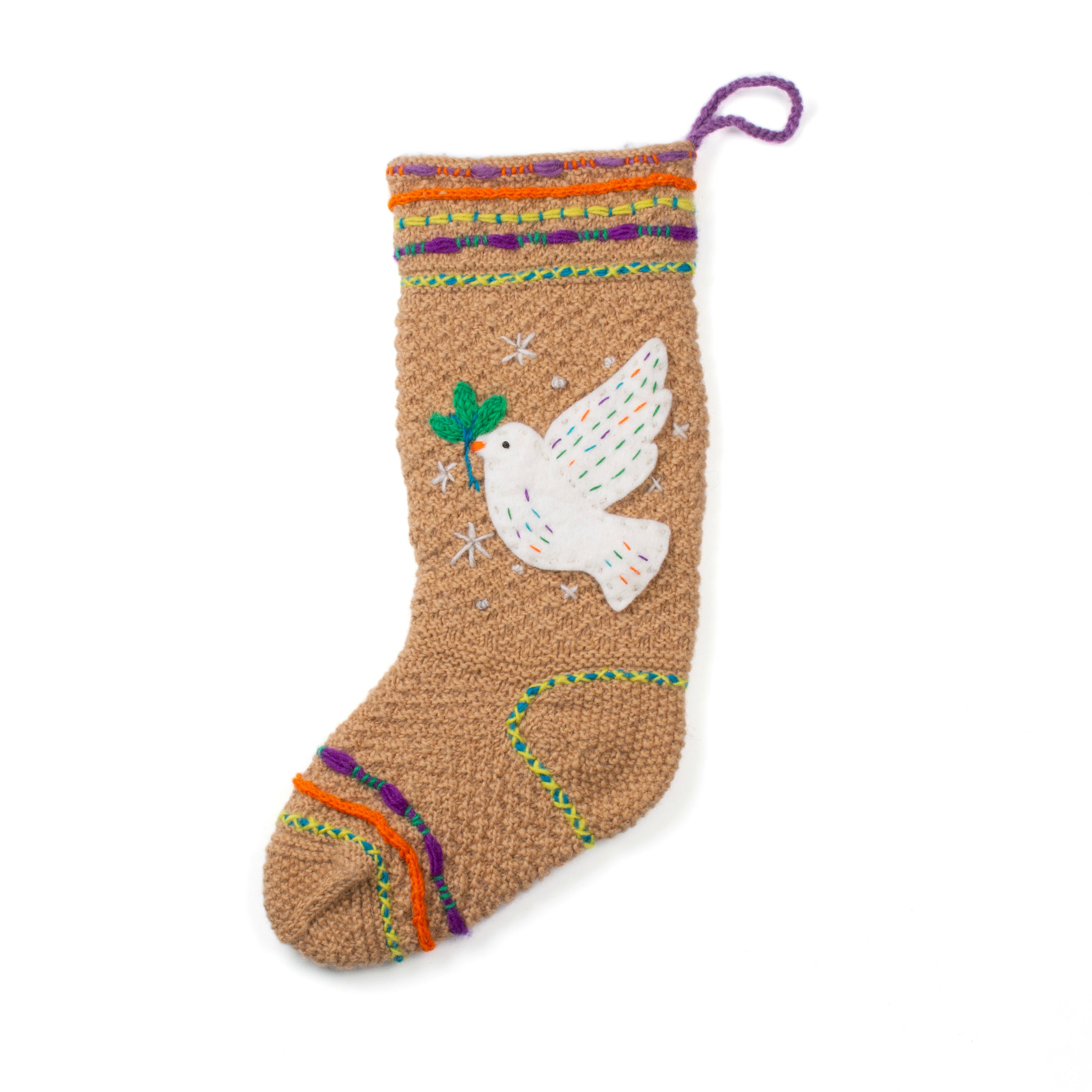 Handcrafted wool knit Christmas stocking with white dove with colorful embroidery. Handmade in Nepal, Fair Trade.