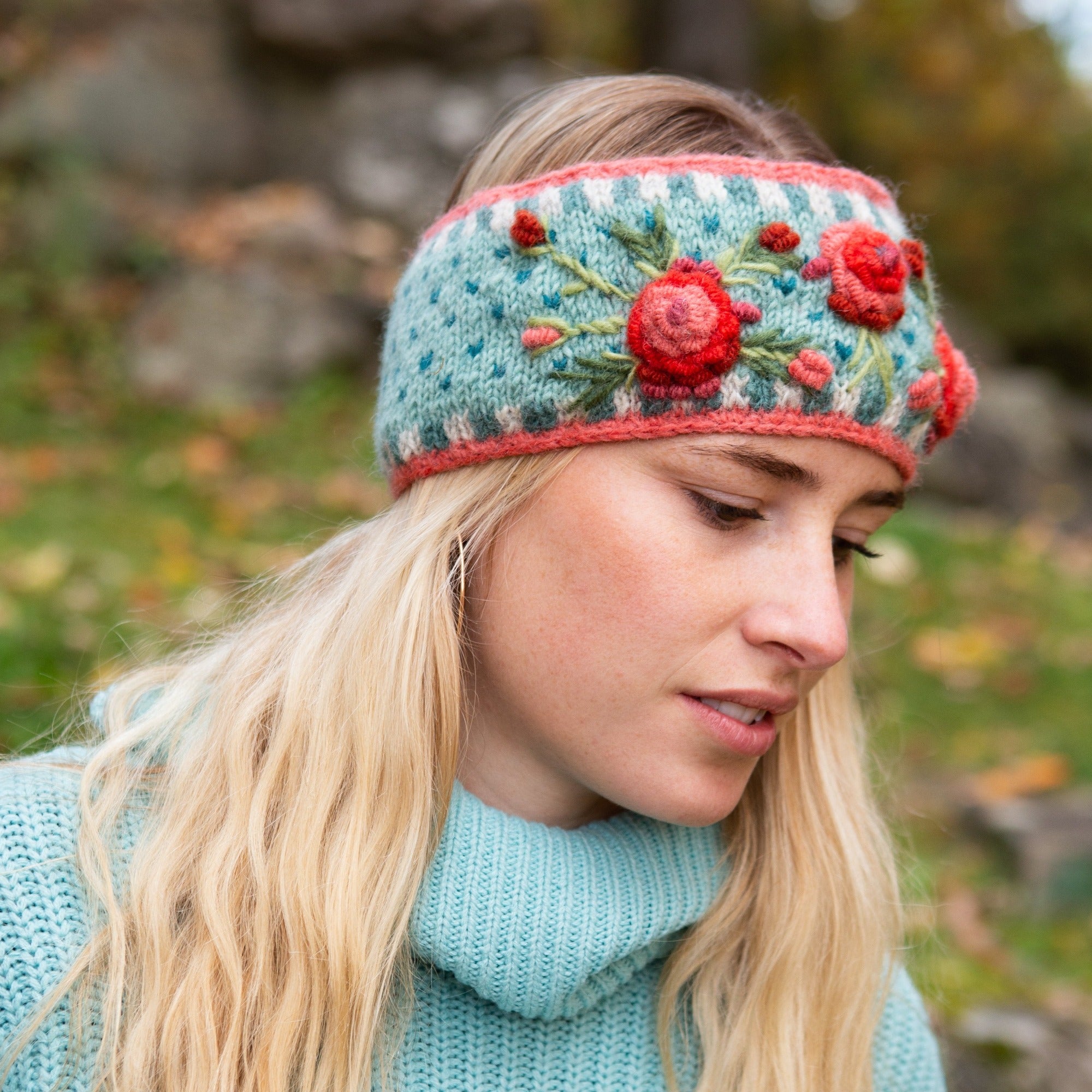 Aubrey Headband - 100% wool Floral Embroidery & Fleece-Lined