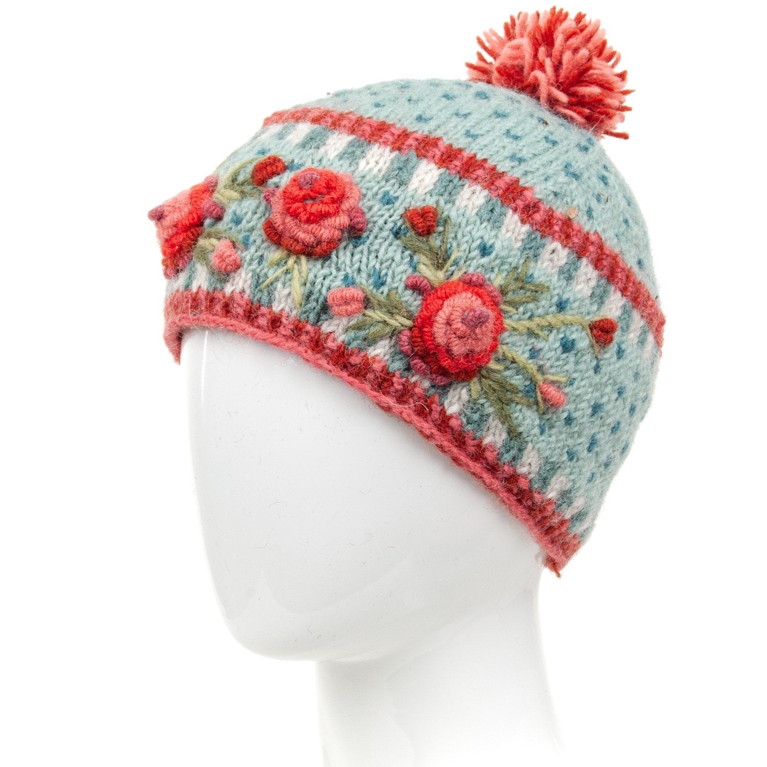 Aubrey Beanie - Wool Floral Knit Winter Hat with Two-Tone Pompom