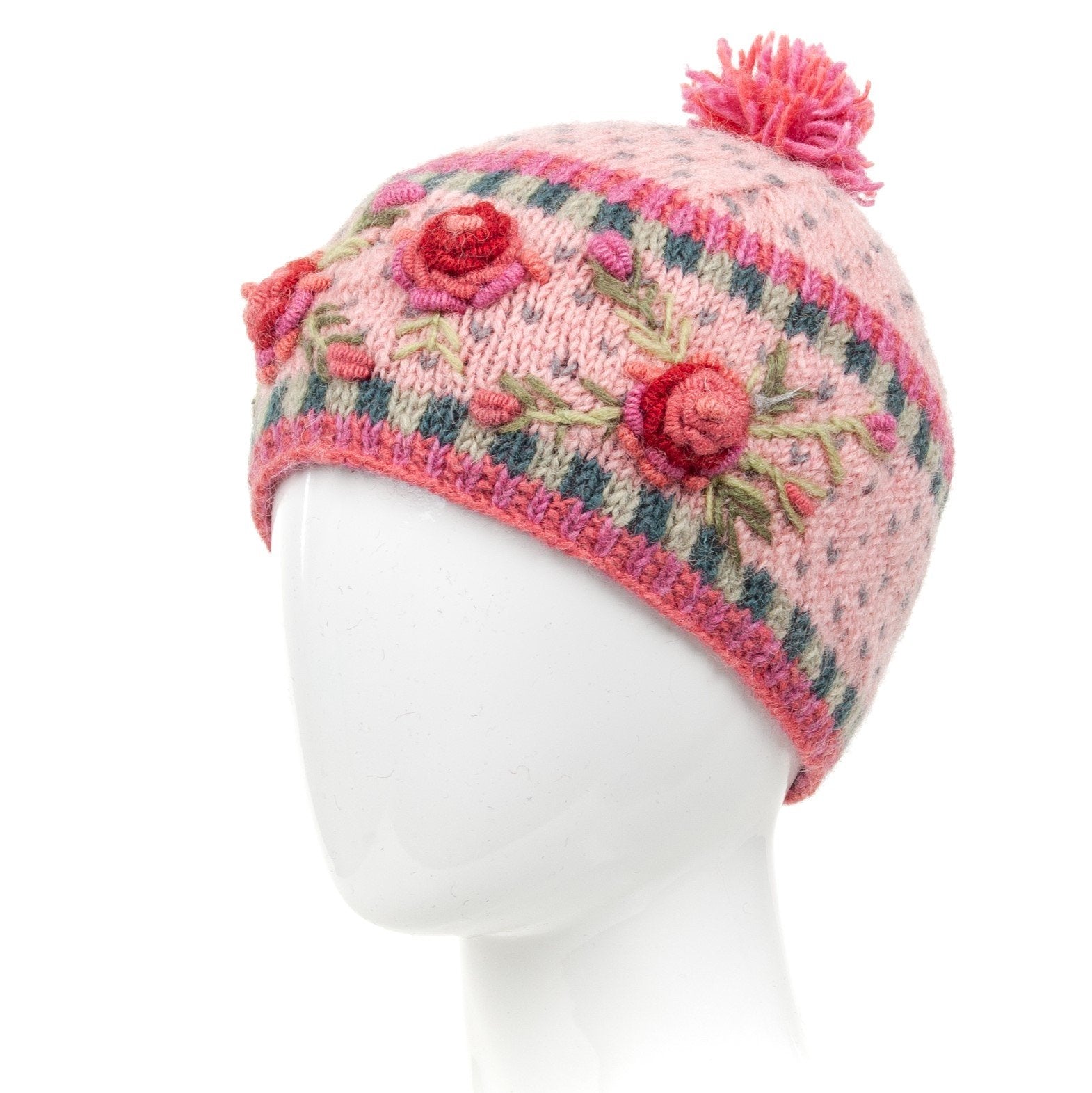 Aubrey Beanie - Wool Floral Knit Winter Hat with Two-Tone Pompom