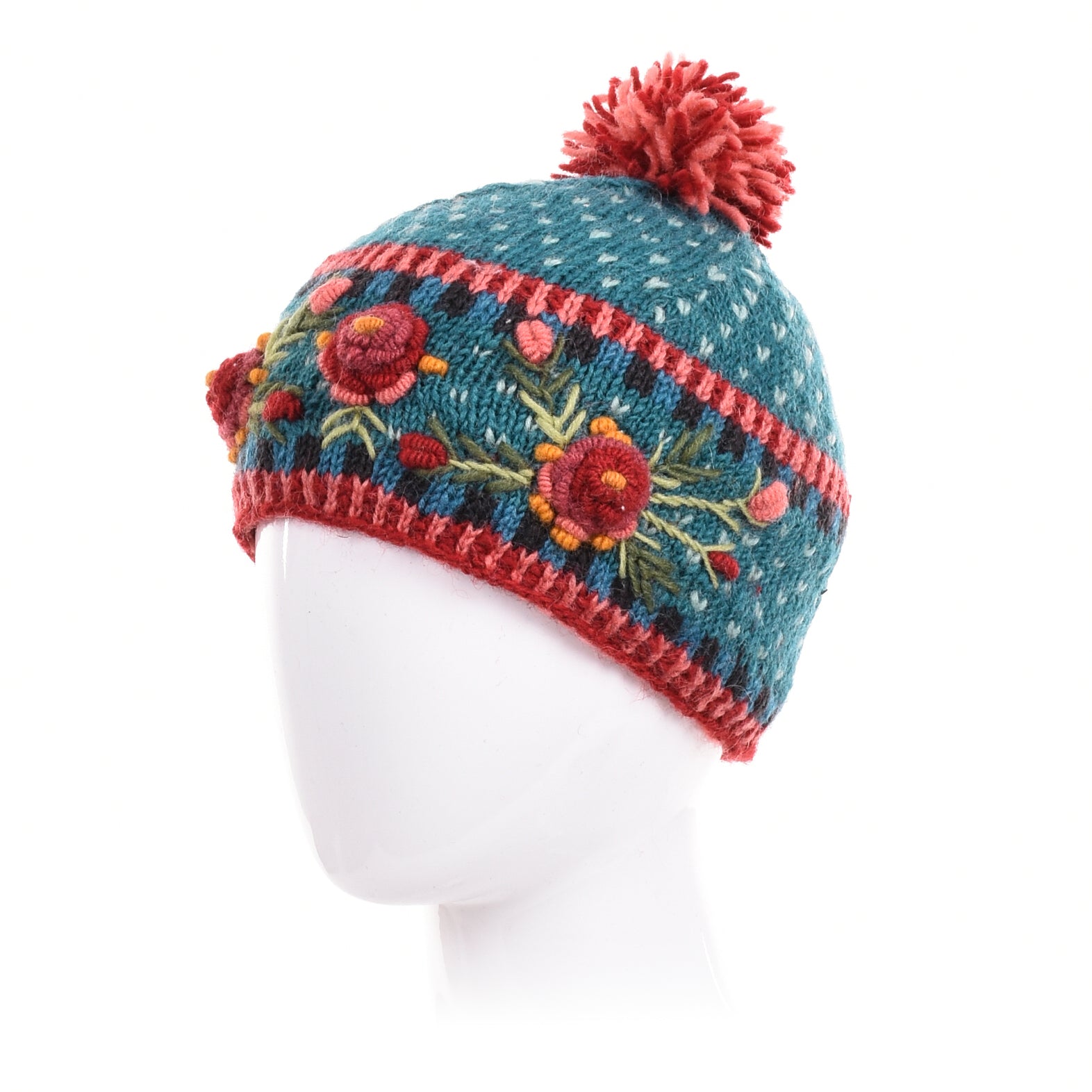 Aubrey Beanie - Wool Floral Knit Winter Hat with Two-Tone