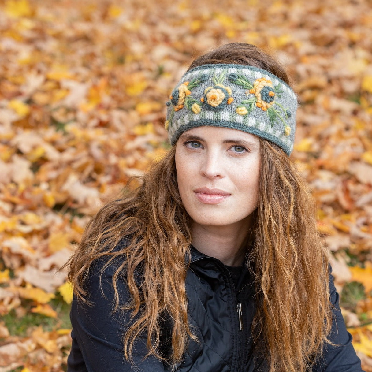 Aubrey Headband - 100% wool Floral Embroidery & Fleece-Lined
