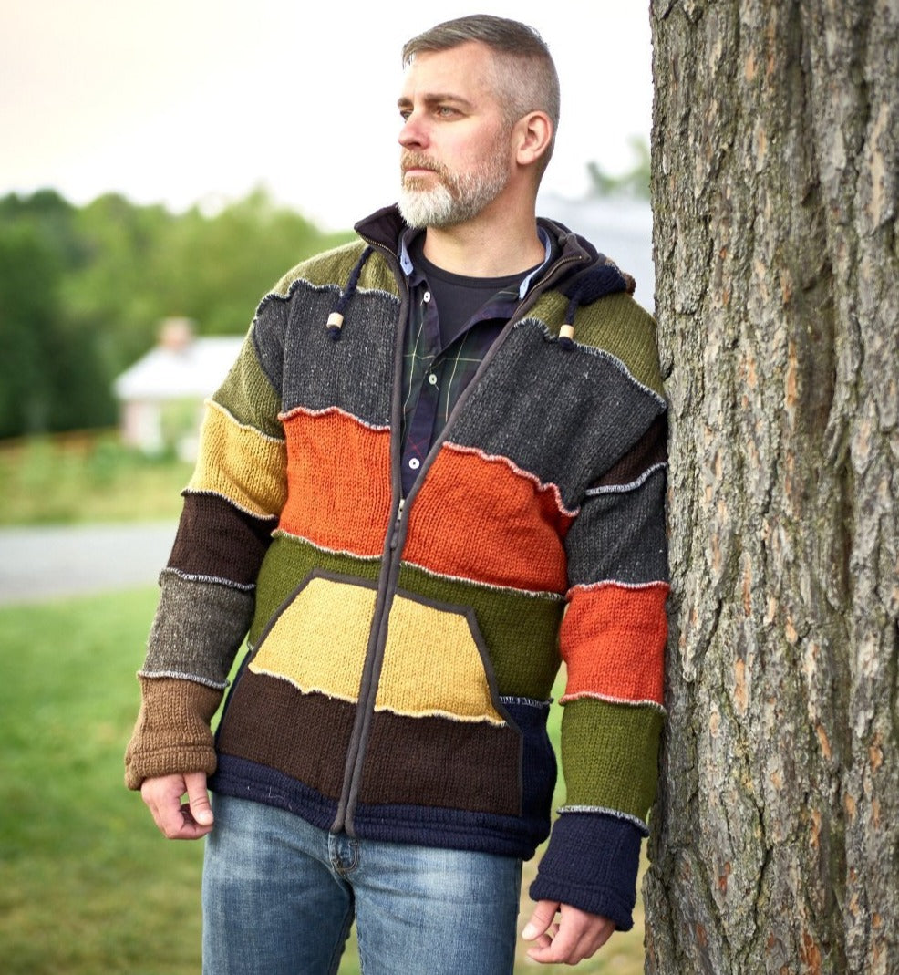 Patchwork Sweater - multicolored 100% wool knit hooded coat