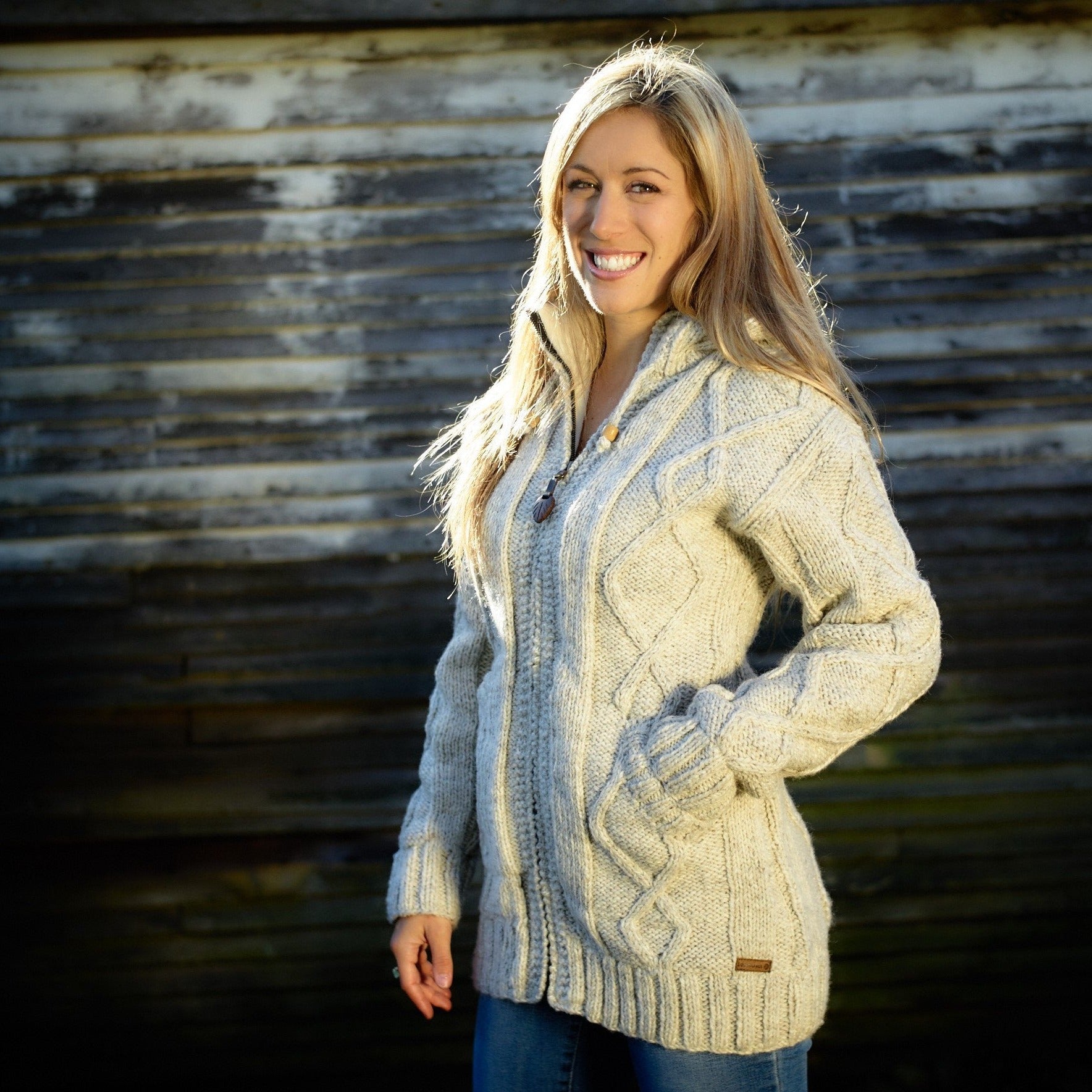 Shannon Wool Sweater/Coat – Cable Knit, Fleece Lined, Handknit
